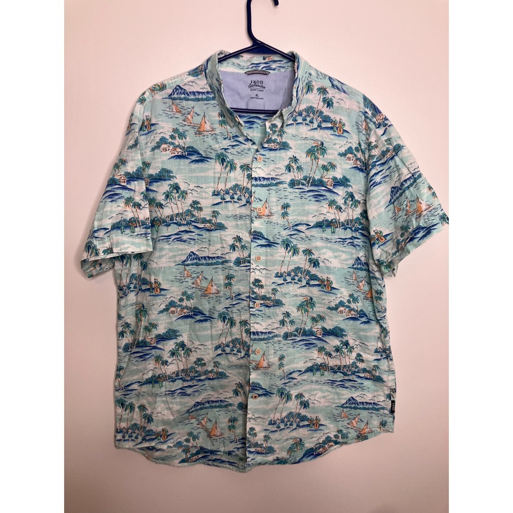 IZOD Button Down Shirt Mens XL Blue Excellent Tropical Hawaiian Palm Tree Print